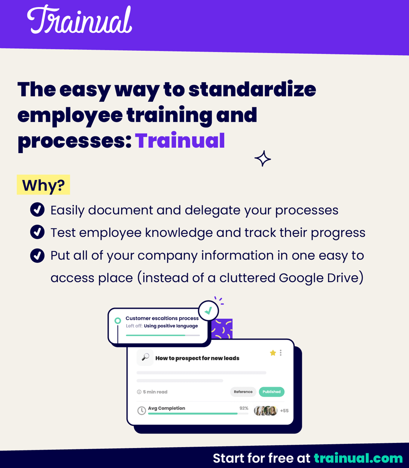 Trainual is an all-in-one platform for process documentation, training, onboarding, knowledge management, and more.